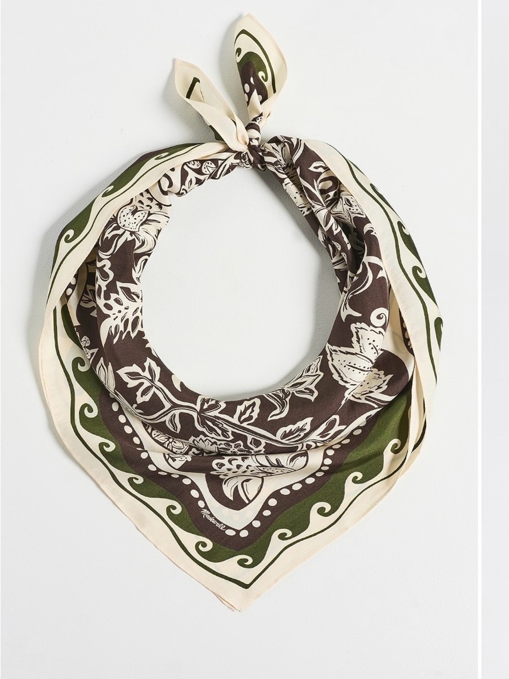 Madewell Silk-Feel Floral Print Bandana Scarf in Cream, Brown & Olive